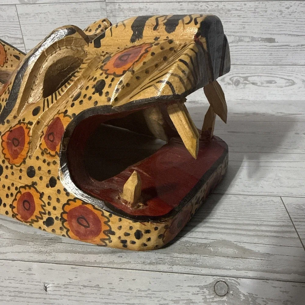 Hand Carved Wooden Jaguar Mask Tribal Painted Folk Art Wall Decor Safari Jungle